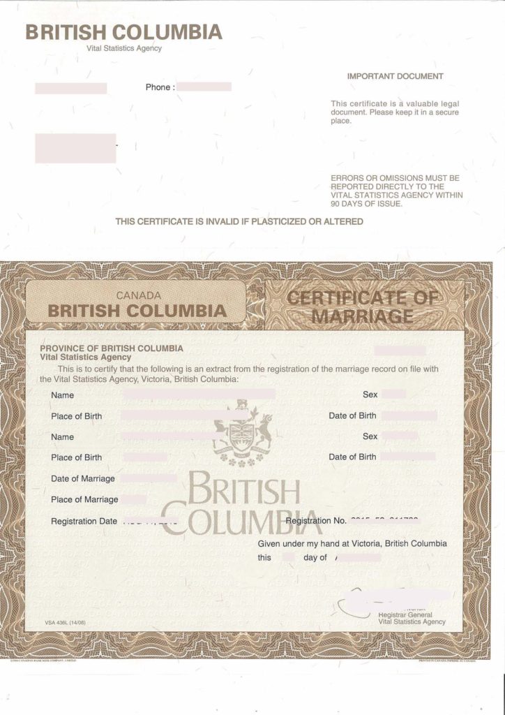 Certificate of Marriage, British Columbia, Canada Musterübersetzungen