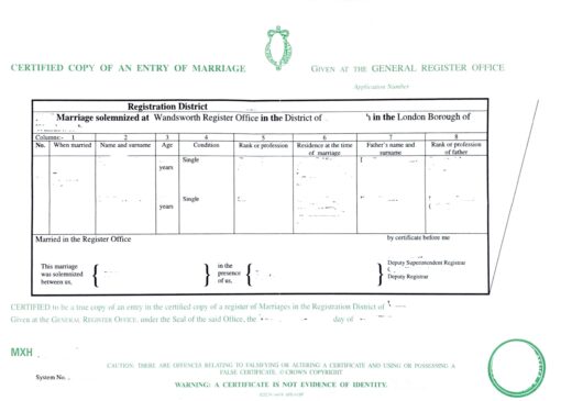 Certified Copy of an Entry of Marriage GB