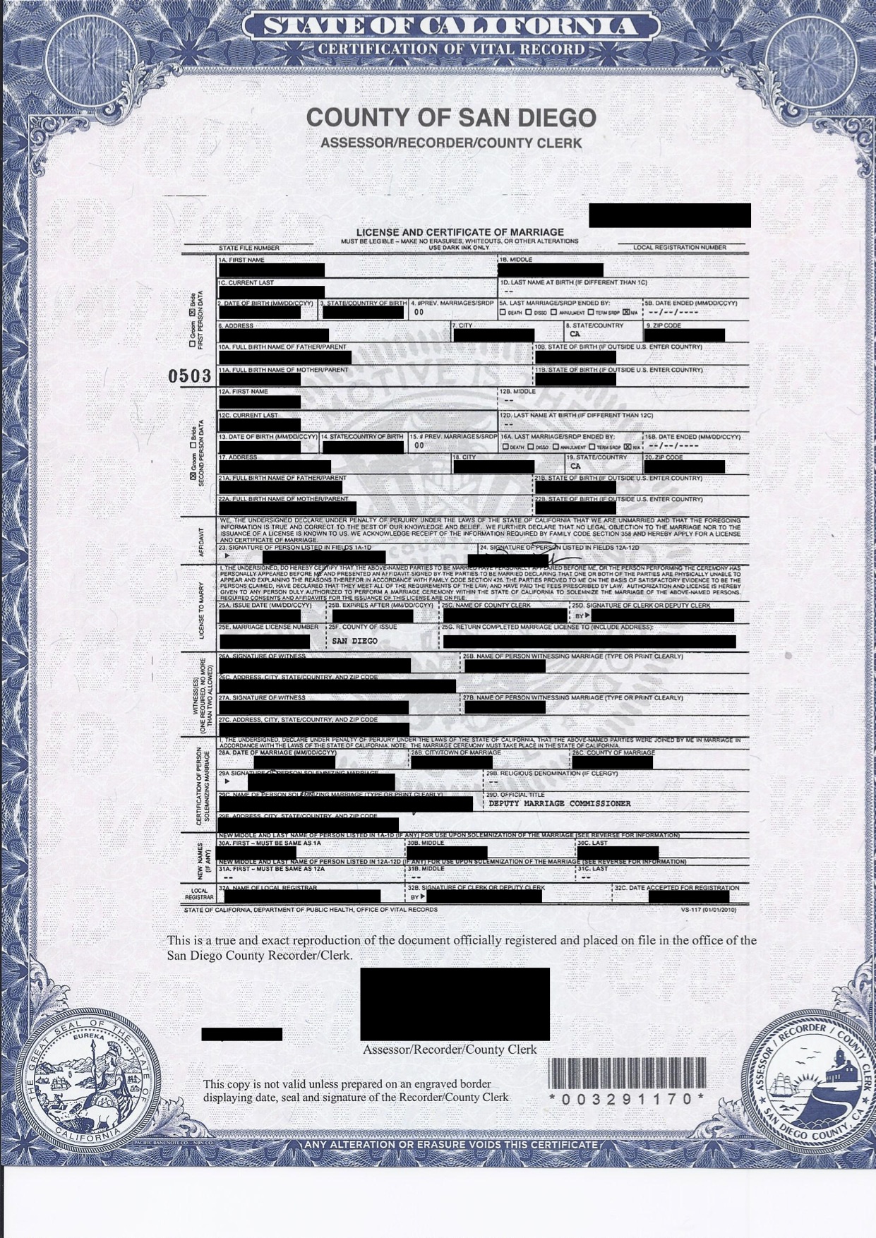 California Marriage Certificate Template