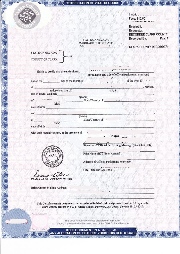 Marriage Certificate State of Nevada - Musterübersetzungen von Urkunden
