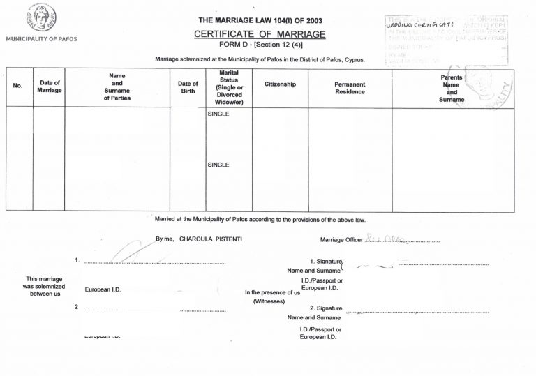 Certificate of Marriage Cyprus Musterübersetzungen von Urkunden
