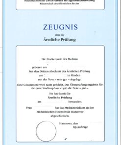 Zeugnis über die ärztliche Prüfung Hannover (DE-EN)