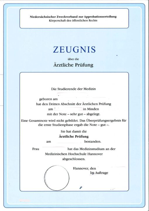 Zeugnis über die ärztliche Prüfung Hannover (DE-EN)