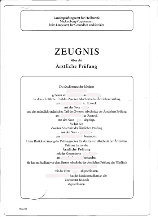 Zeugnis über die ärztliche Prüfung Mecklenburg-Vorpommern (DE-EN)