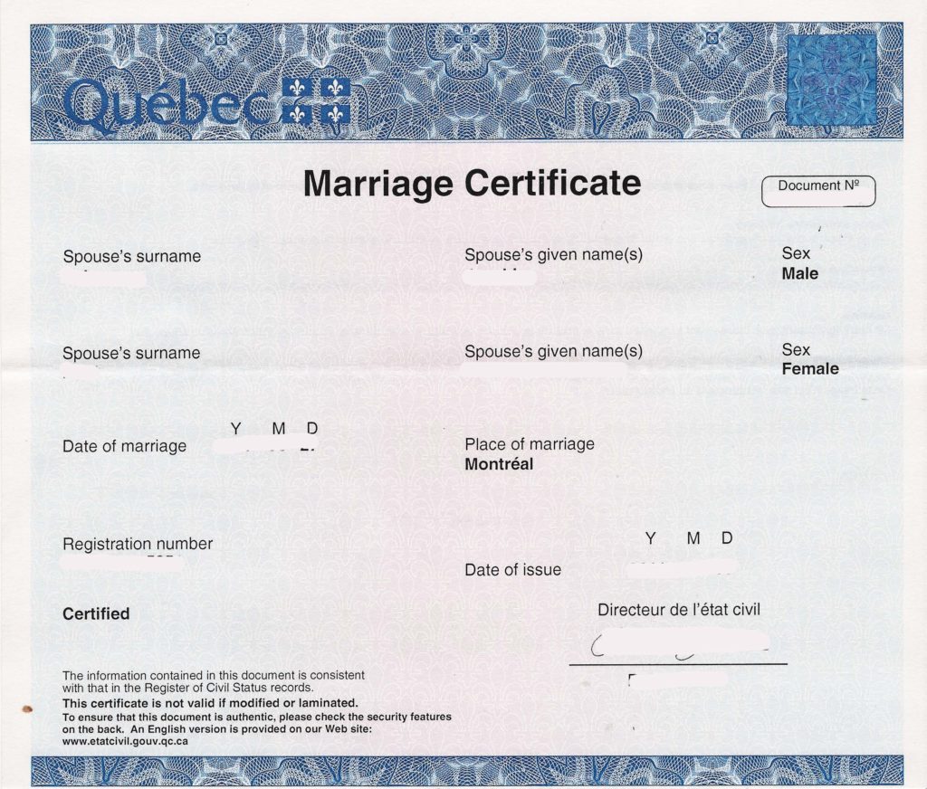 Marriage Certificate Quebec Muster Bersetzungen Von Urkunden   MarriageCertificate Quebec 1024x872 