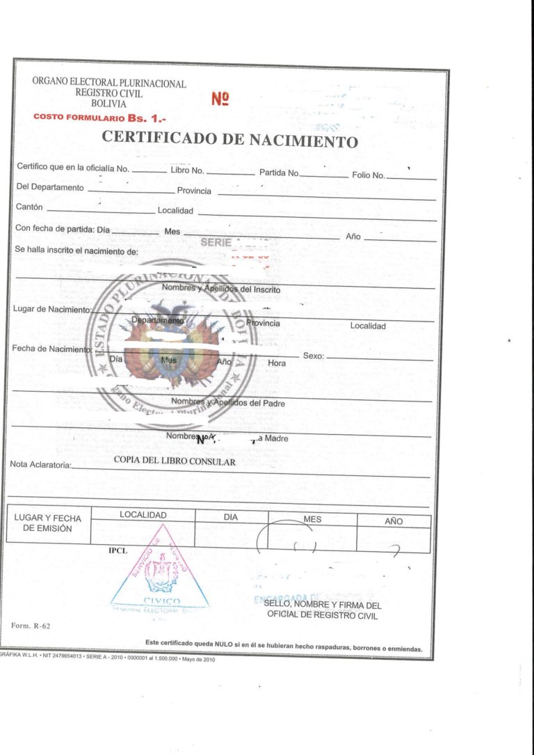 Certificado de Nacimiento Bolivia (1990) Musterübersetzungen von Urkunden