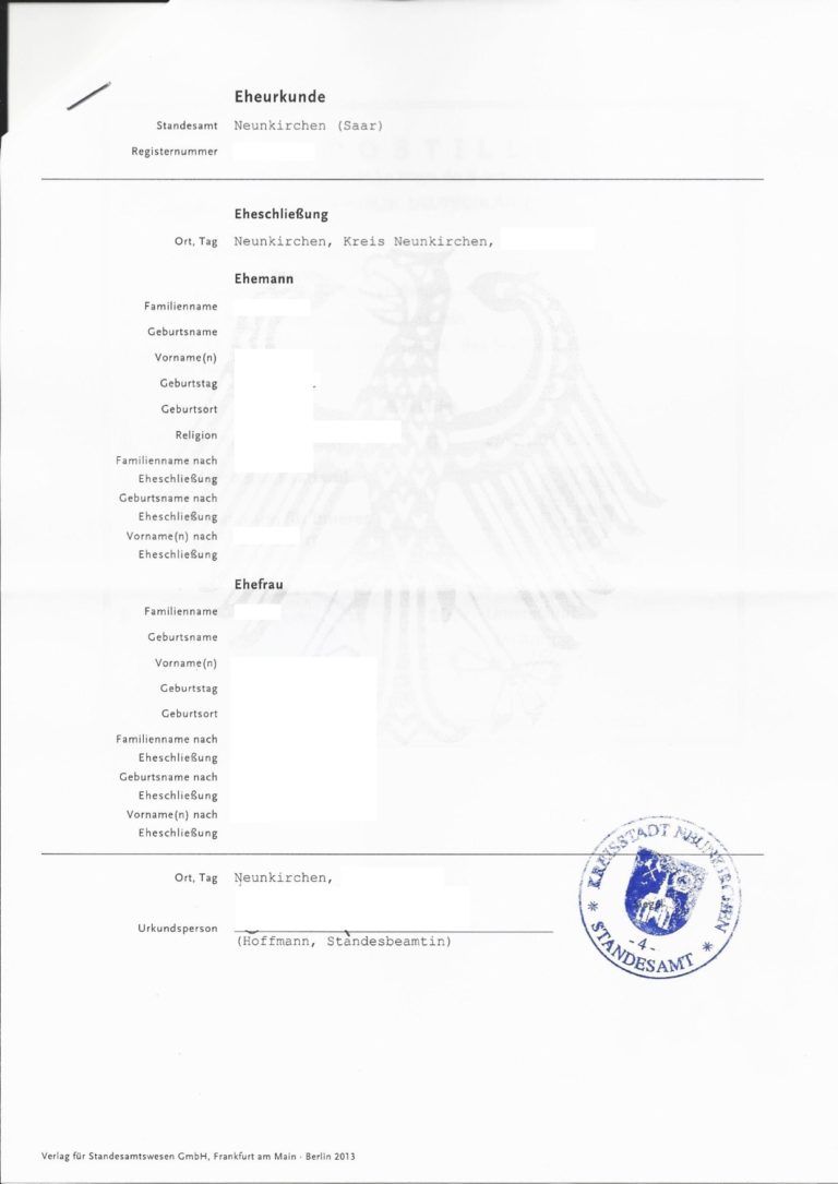 Eheurkunde 2016 (DE-RO) - Musterübersetzungen von Urkunden