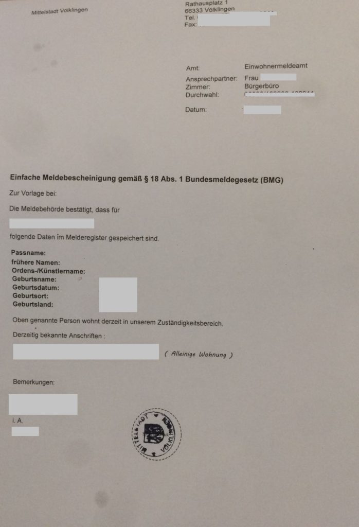 Was Braucht Man Für Eine Meldebescheinigung Einfache Meldebescheinigung Völklingen (DE-RO) - Musterübersetzungen
