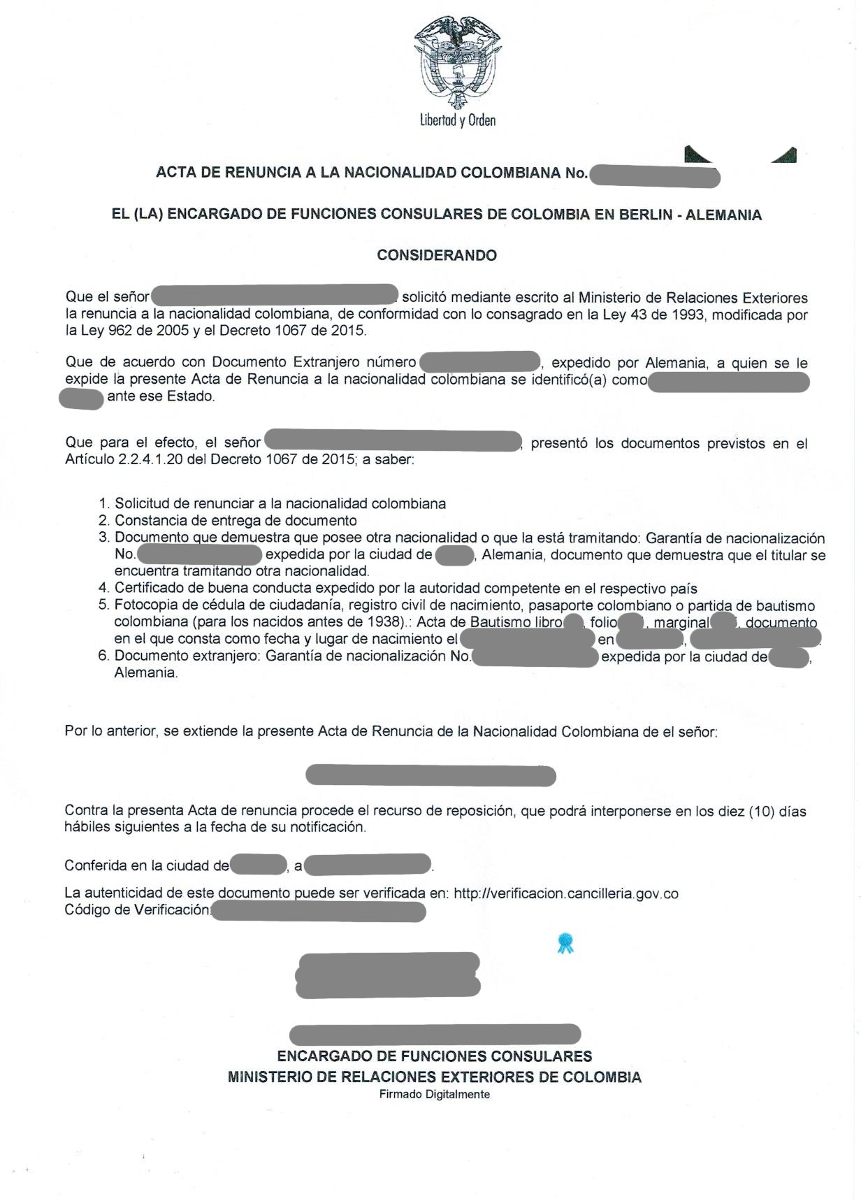 Acta De Renuncia A La Nacionalidad Colombiana Musterubersetzungen Von Urkunden