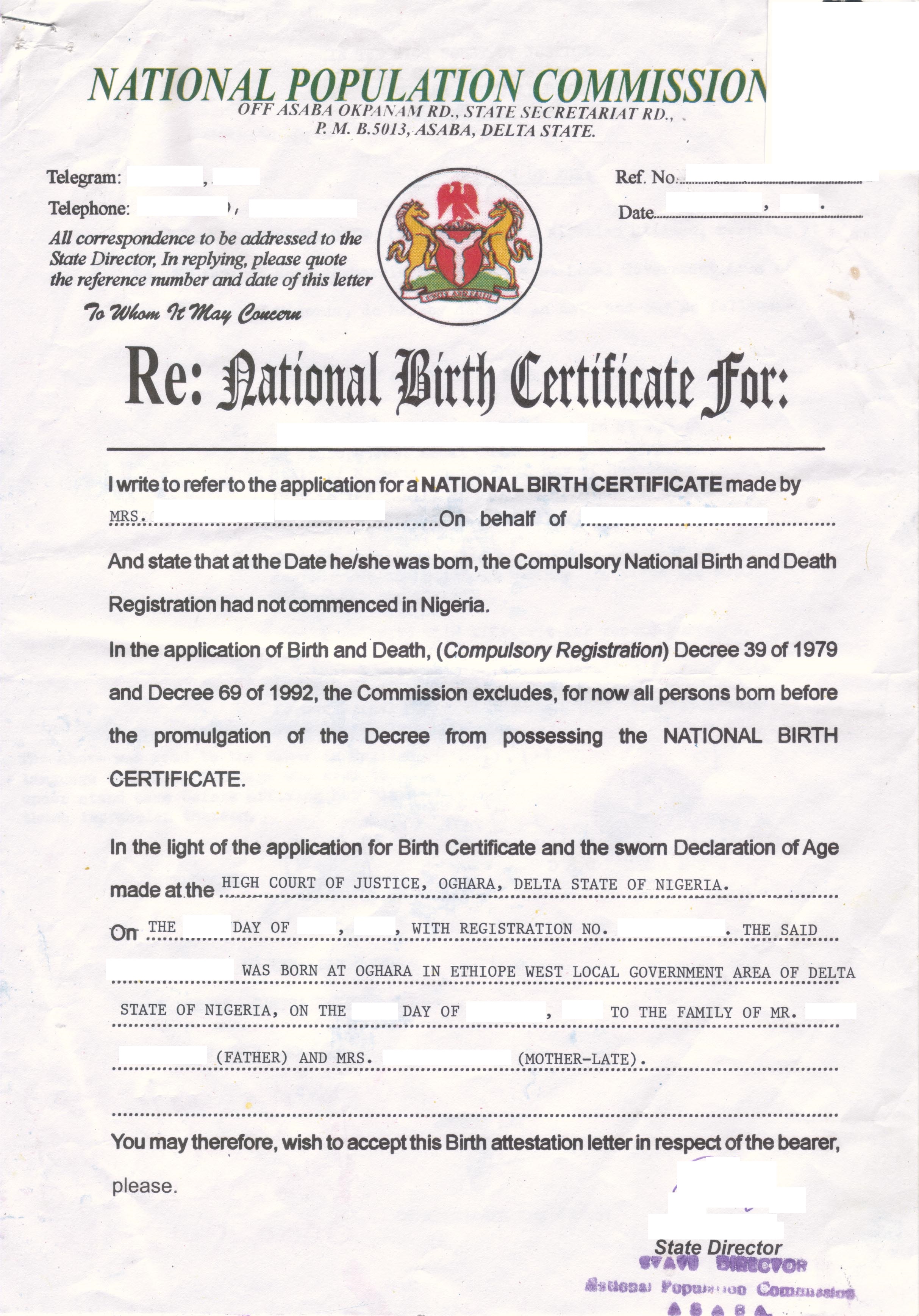 Birth attestation letter Nigeria Musterübersetzungen von Urkunden