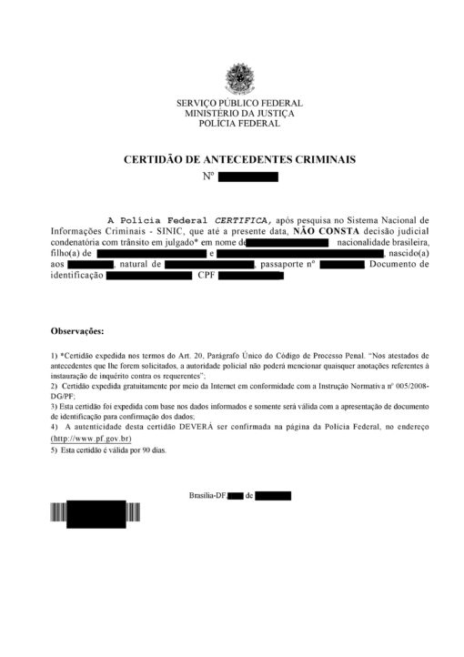 Certidão de Antecedentes Criminais, Polícia Federal, Führungszeugnis der Bundespolizei, Brasilien