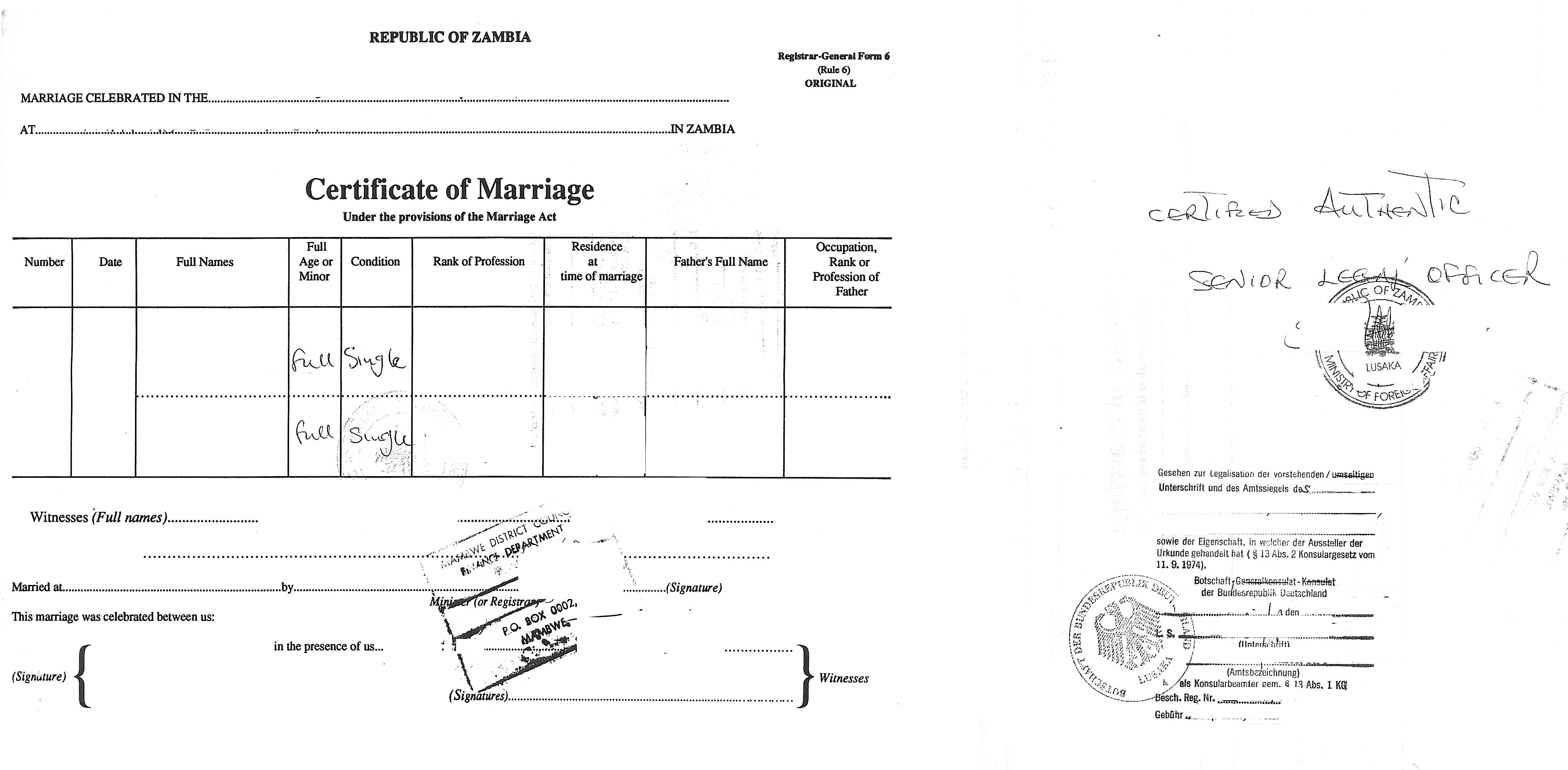 Certificate Of Marriage Zambia Mit Legalisation Der Dt Botschaft Musterübersetzungen Von