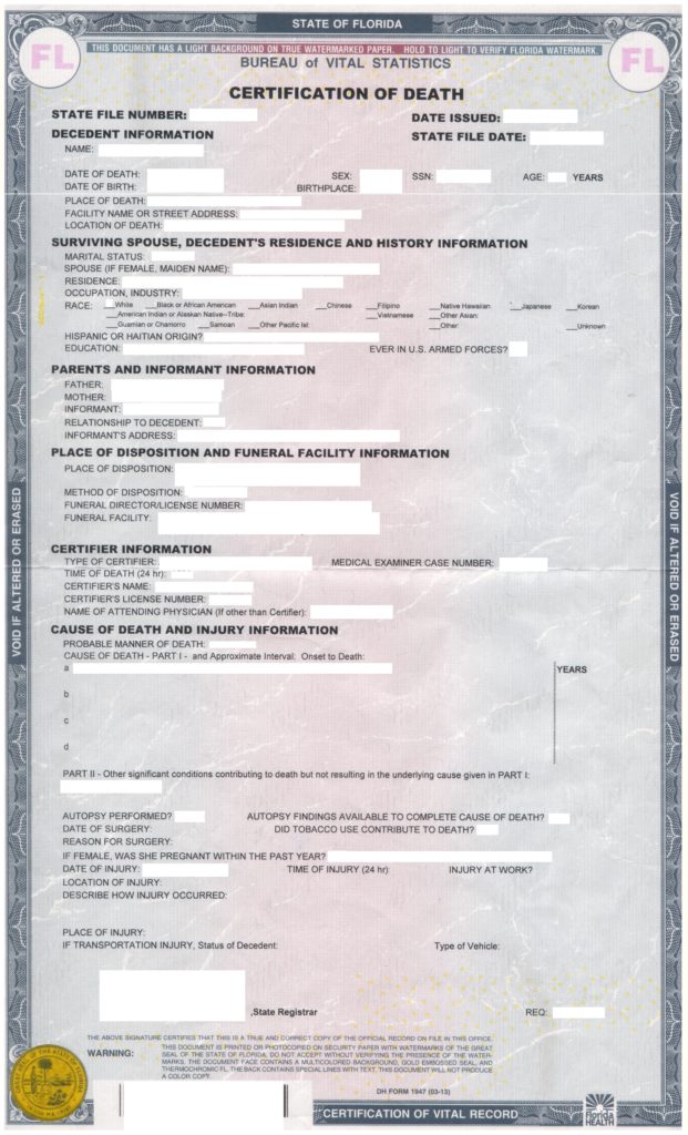Certification of death USA (Florida) Musterübersetzungen von Urkunden