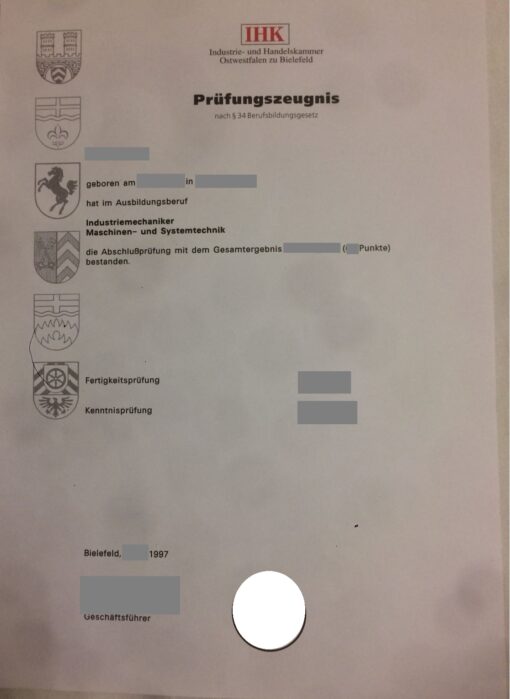IHK-Prüfungszeugnis Industriemechaniker 1997