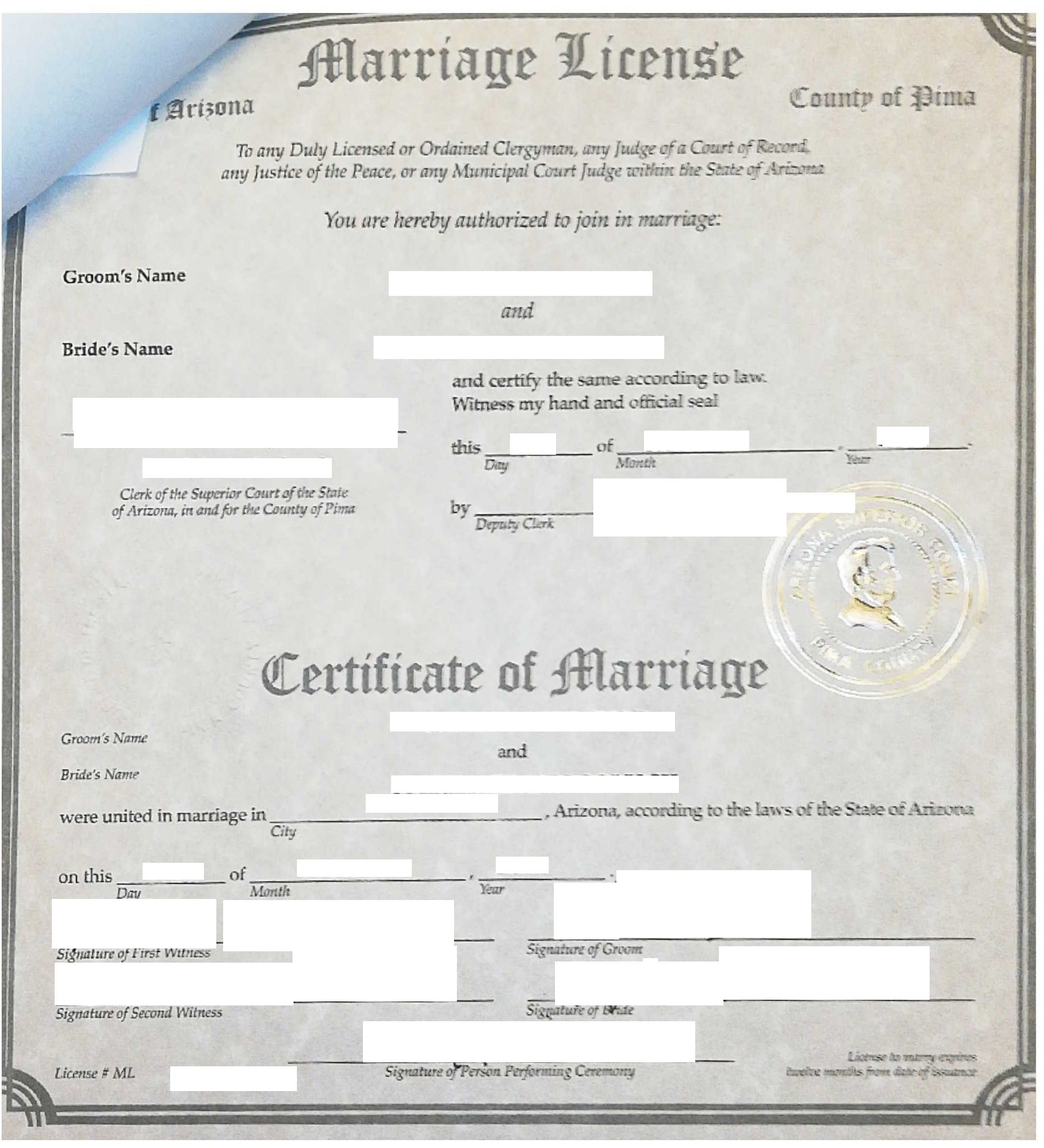 Marriage License und Certificate of Marriage USA (Arizona