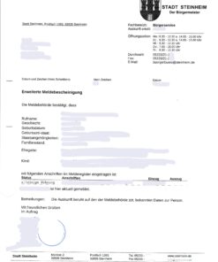 Erweiterte Meldebescheinigung Steinheim (DE-EN)