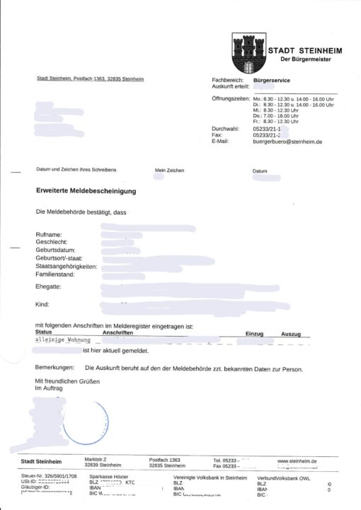 Erweiterte Meldebescheinigung Steinheim (DE-EN)