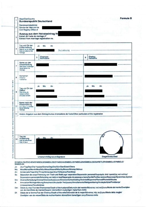 Auszug aus dem Heiratseintrag inkl. Apostille 2013