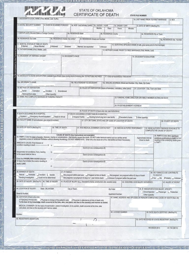 Certificate of Death Oklahoma USA Musterübersetzungen von Urkunden