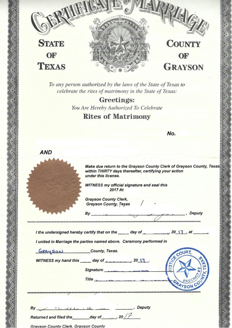 Certificate of Marriage Grayson County Texas USA Musterübersetzungen