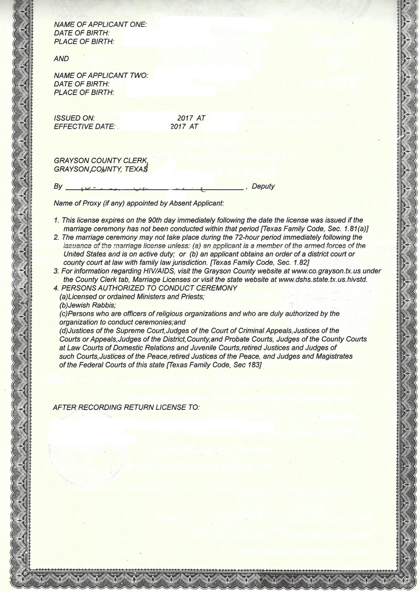 Certificate of Marriage Grayson County Texas, USA Musterübersetzungen von Urkunden