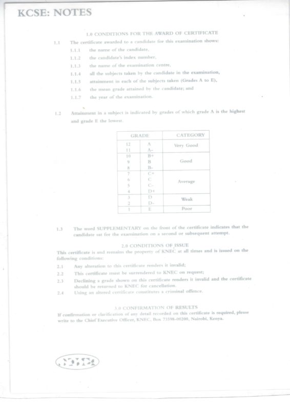 Certificate Of Secondary Education Kenya - Musterübersetzungen Von Urkunden