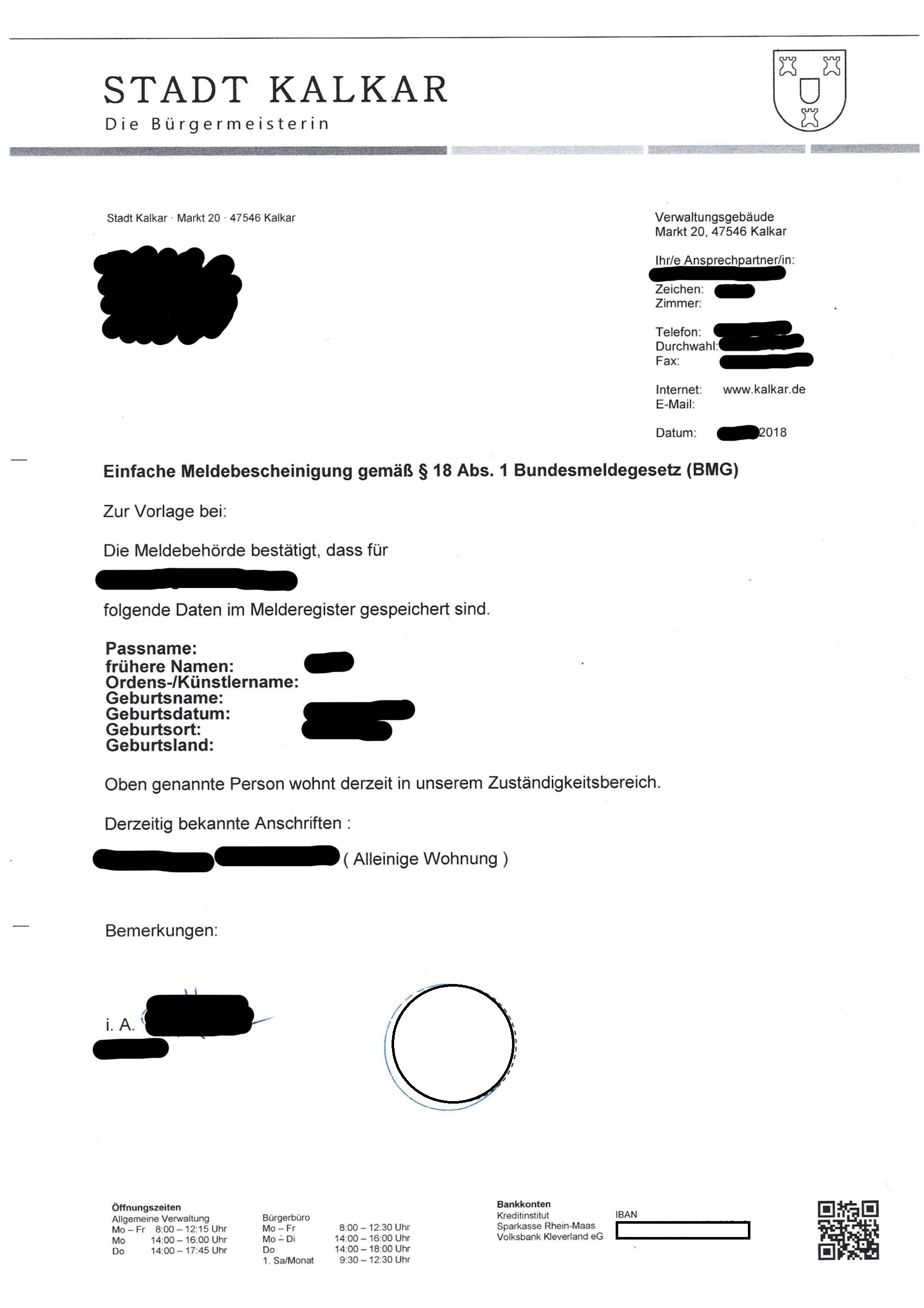 Einfache Meldebescheinigung Kalkar NRW