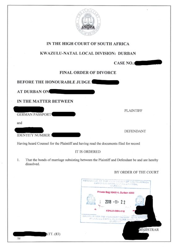 Final Order of Divorce Durban RSA Musterübersetzungen von Urkunden
