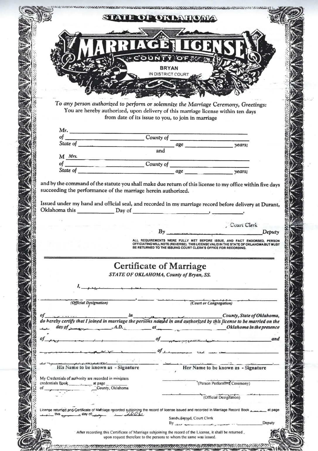 Marriage License Bryan County Oklahoma Usa Musterübersetzungen Von Urkunden 6759