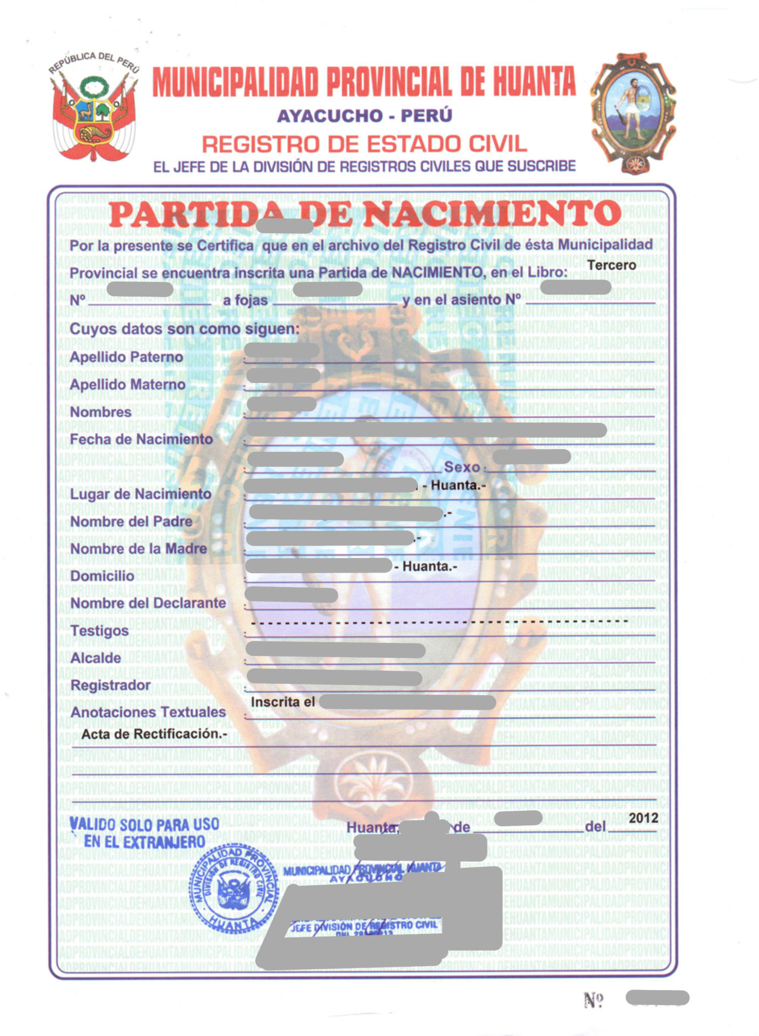 Partida De Nacimiento Huanta Peru 2012 Musterübersetzungen Von Urkunden 1281