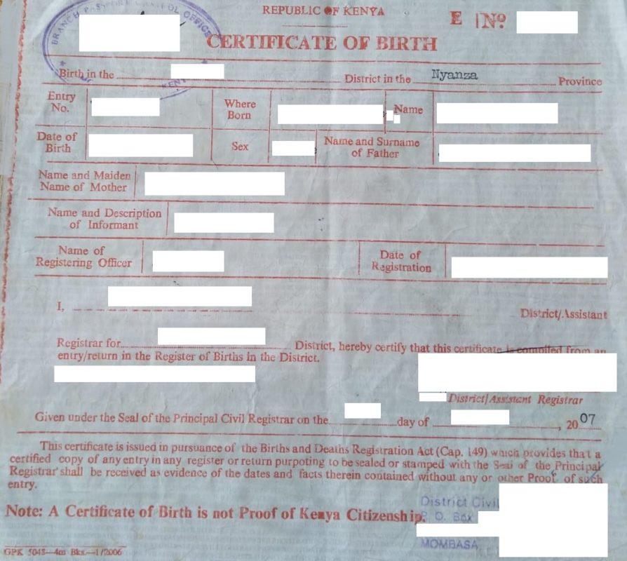 Certificate of birth Kenia, Nyanza, 2007 Musterübersetzungen von Urkunden
