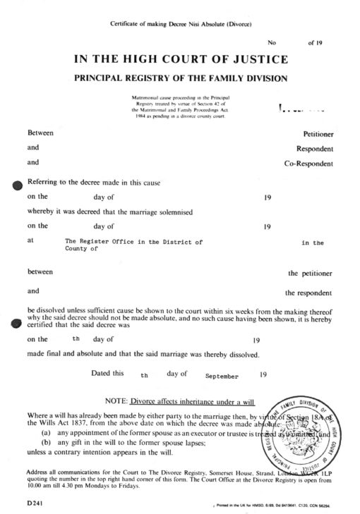 Certificate of making Decree Nisi Absolute (Divorce) (endgültiges