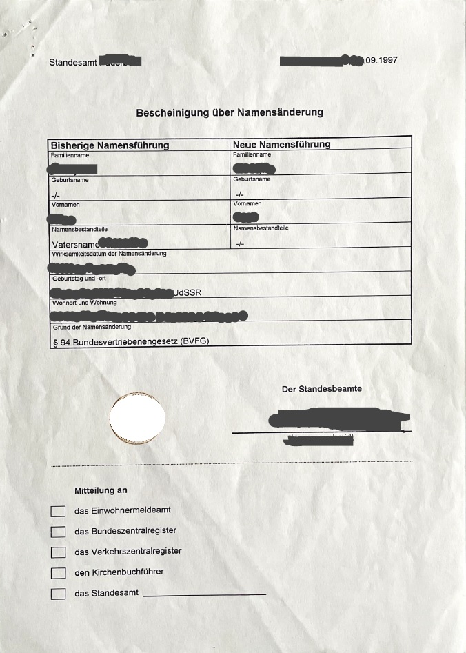 Bescheinigung über Namensänderung (1997)