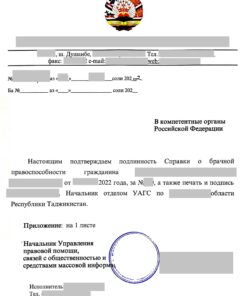 Справка о подтверждении подлинности (Таджикистан, 2022)