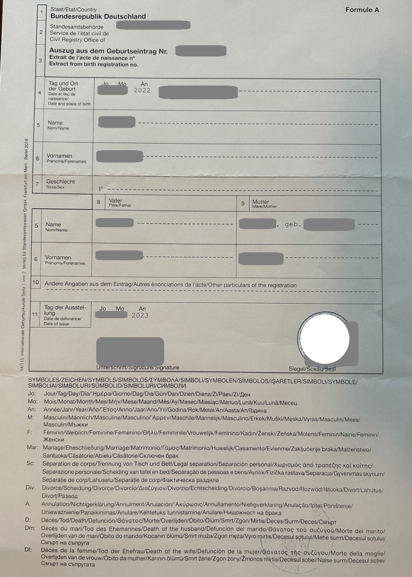 Auszug aus dem Geburtseintrag 2022 inkl. Apostille (Deutschland)