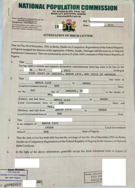 Attestation of birth letter, Nigeria, 2021 - Musterübersetzungen von ...