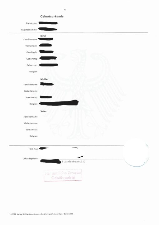 Geburtsurkunde Deutschland 2009