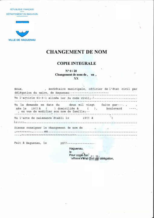 Changement de nom de famille (Frankreich, Bas-Rhin)