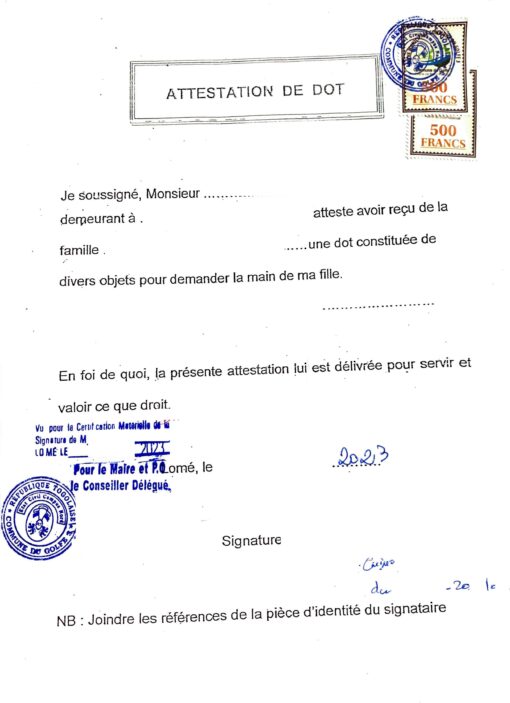 Acte de mariage, Togo