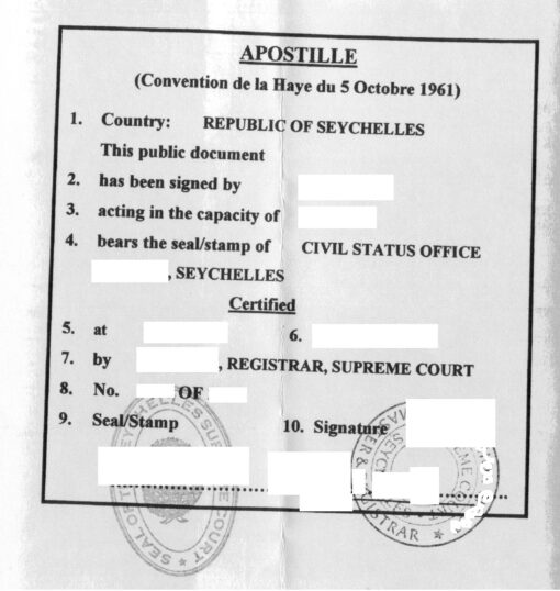 Apostille, Seychellen