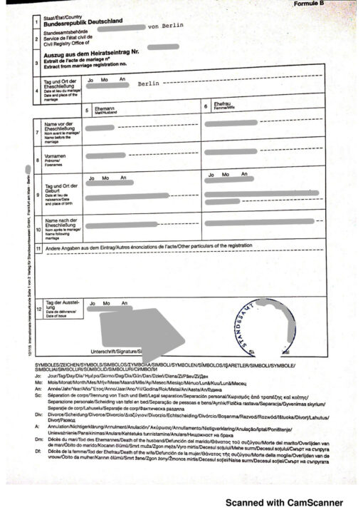 Auszug aus dem Heiratseintrag mit Erläuterungen und Apostille