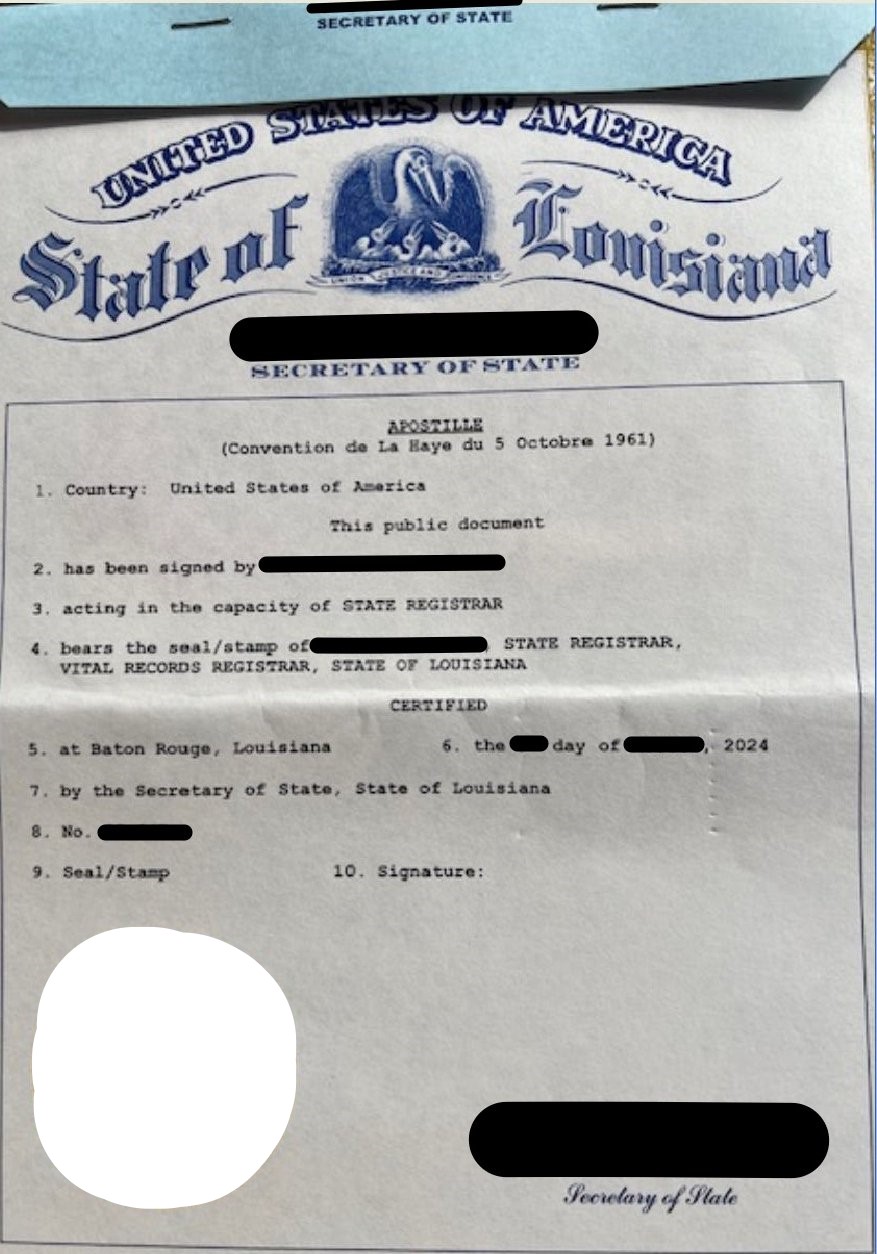 Certificate of Live Birth Louisiana 1956 mit Apostille von 2024
