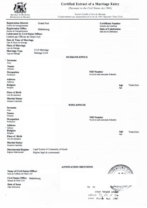 Extrait Certifié d'Acte de Mariage, Mauritius