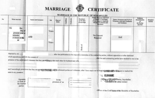Heiratsurkunde, Seychellen