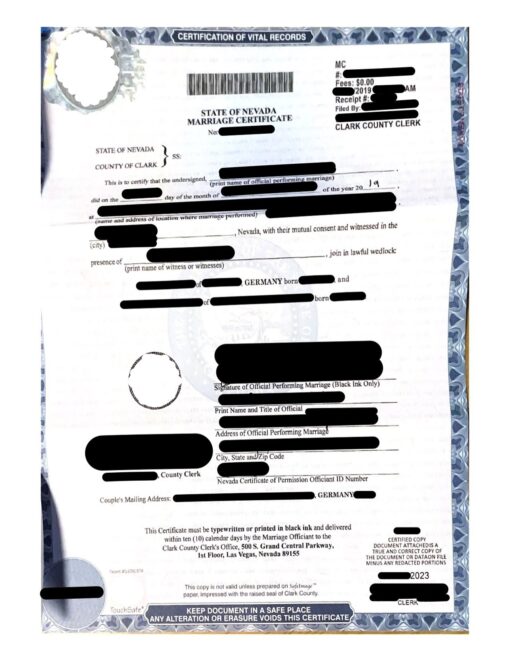 Marriage Certificate Nevada 2019 mit Apostille
