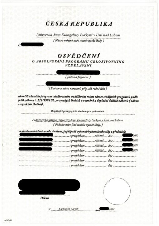 Osvědčení o absolvování programu celoživotního vzdělávání 2012