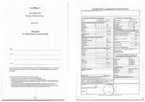 Abiturzeugnis (allgemeine Hochschulreife) aus Baden-Württemberg, Formular von 2022