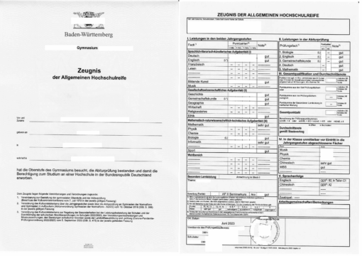 Abiturzeugnis (allgemeine Hochschulreife) aus Baden-Württemberg, Formular von 2023
