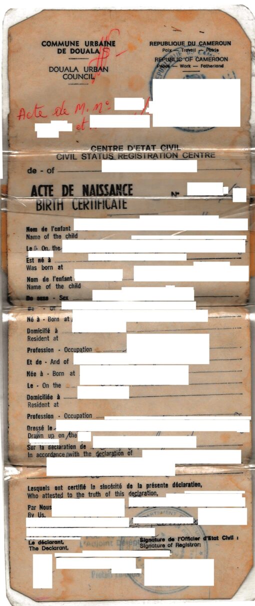 Acte de naissance Cameroun 1988