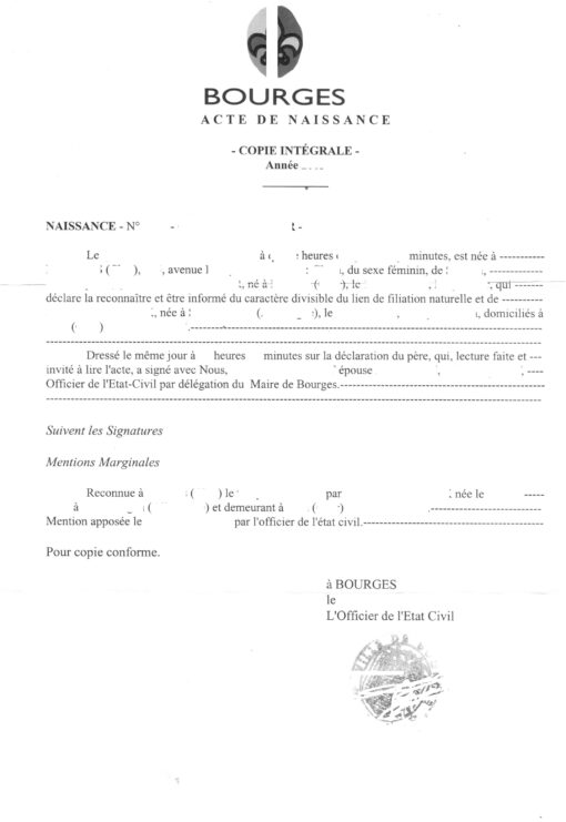 Acte de Naissance Copie intégrale (Frankreich, Bourges)